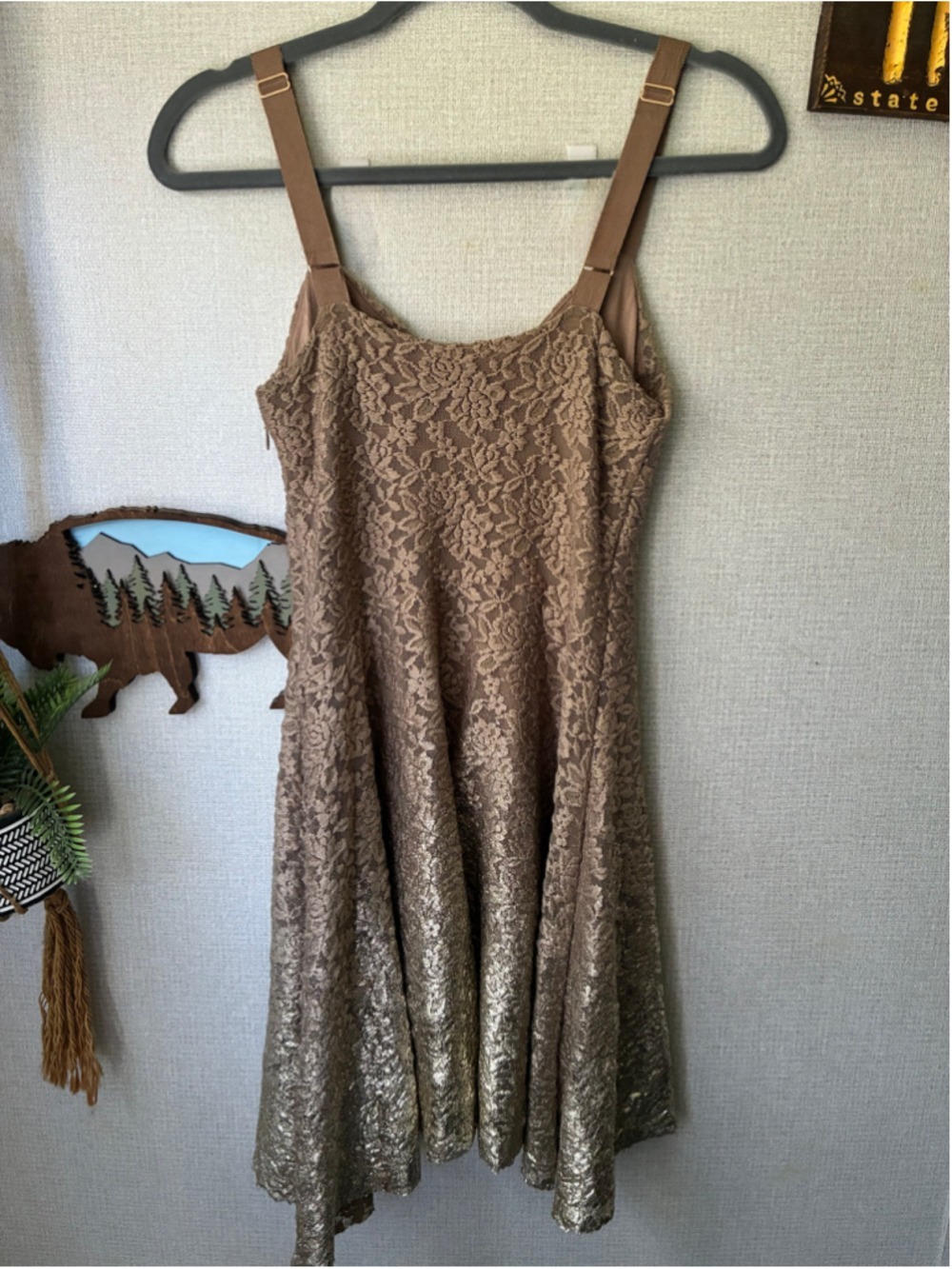 Women's Free People Mini Dress S Brown Gold Lace - Picture 6 of 6